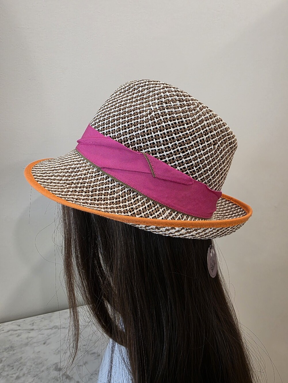 lola Hats Straw Fedora with Pink Band and Orange Trim